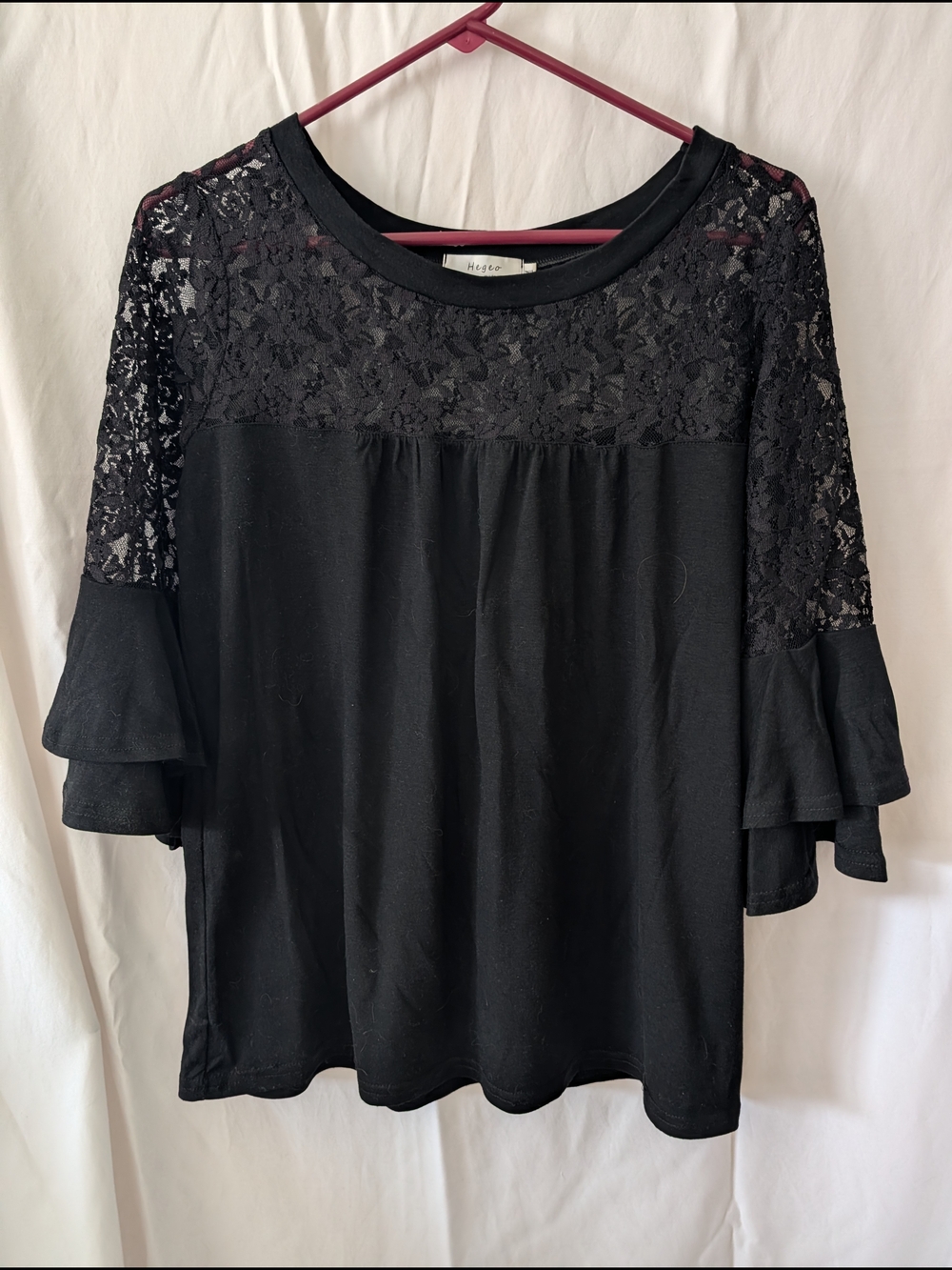 Source Unknown Black Lace Yoke Ruffle Sleeve Tunic Top